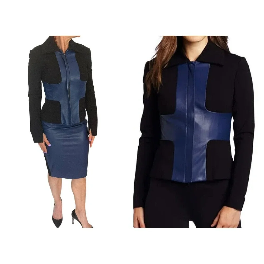 ROBERT RODRIGUEZ  SCUBA NAVY LEATHER COLORBLOCK MOTO JACKET SKIRT SUIT SET 2/4